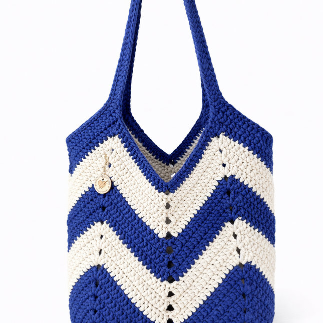 Crochet Tote Boho Bag - Blue Navy & Ivory