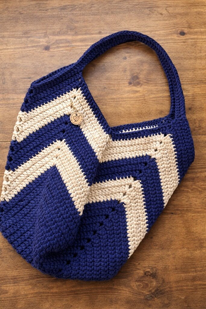 Crochet Tote Boho Bag - Blue Navy & Ivory