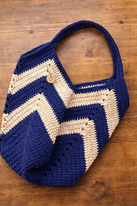 Crochet Tote Boho Bag - Blue Navy & Ivory