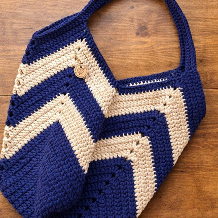 Crochet Tote Boho Bag - Blue Navy & Ivory