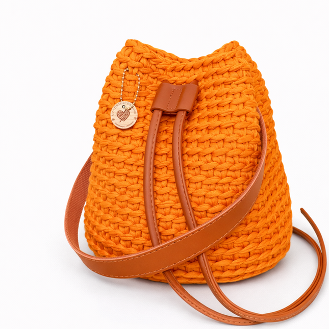 Crochet Round Drawstring Shoulder Purse - Turmeric