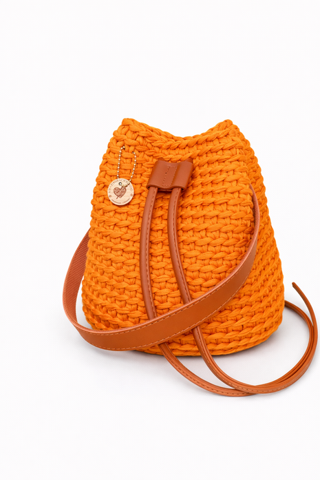 Crochet Round Drawstring Shoulder Purse - Turmeric