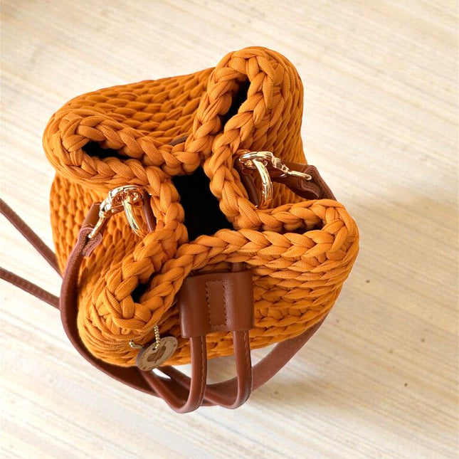 Crochet Round Drawstring Shoulder Purse - Turmeric