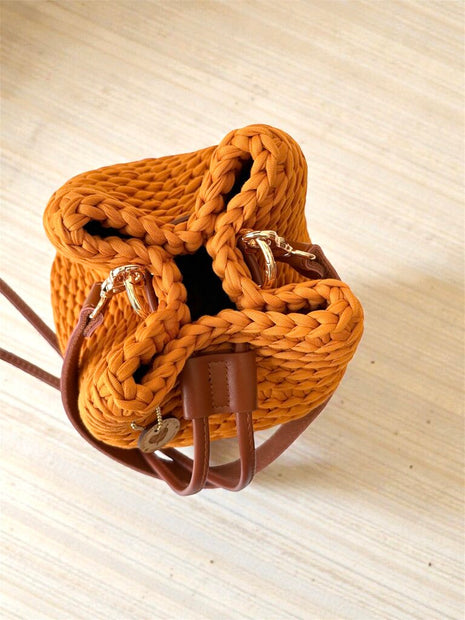 Crochet Round Drawstring Shoulder Purse - Turmeric