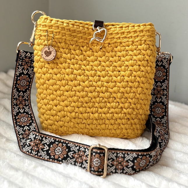 Crochet Crossbody Purse with Embroidery strap - Mustard
