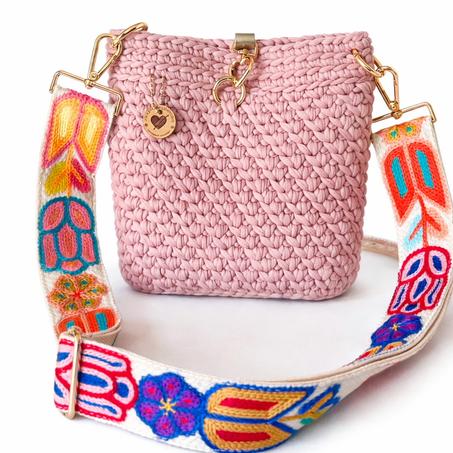 Crochet Crossbody Purse with Embroidery strap - Soft Pink