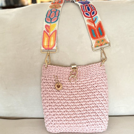 Crochet Crossbody Purse with Embroidery strap - Soft Pink