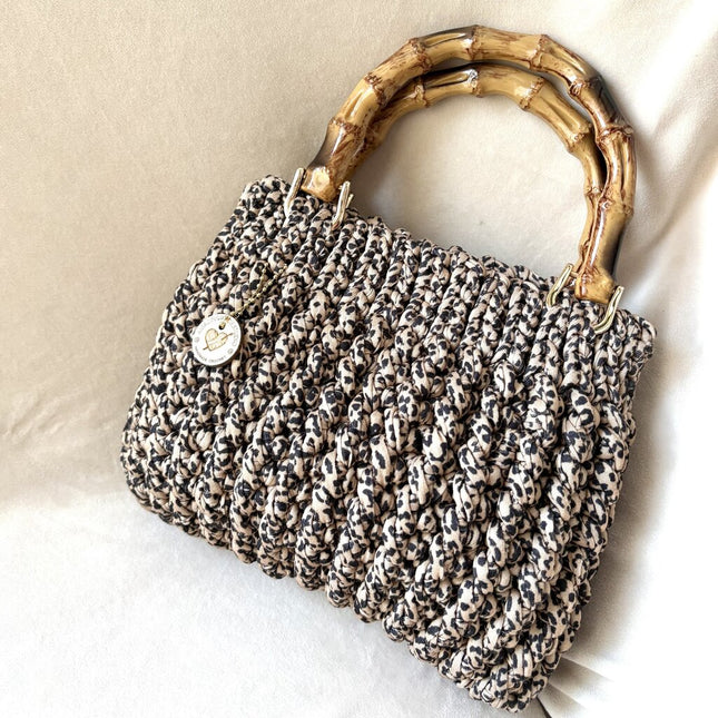 Crochet Leopard Bubble Purse w/Bamboo Handles
