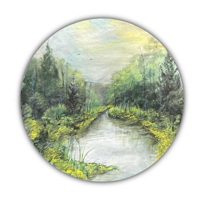 Acrylic landscape painting with yellow flowers on round canvas