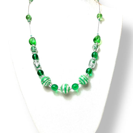 Venetian Glass Necklace - Ch - Grn/sil tig