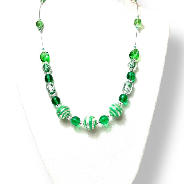 Venetian Glass Necklace - Ch - Grn/sil tig