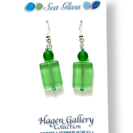 Tumbled Glass Earrings - Long Rect w sm round - peridots