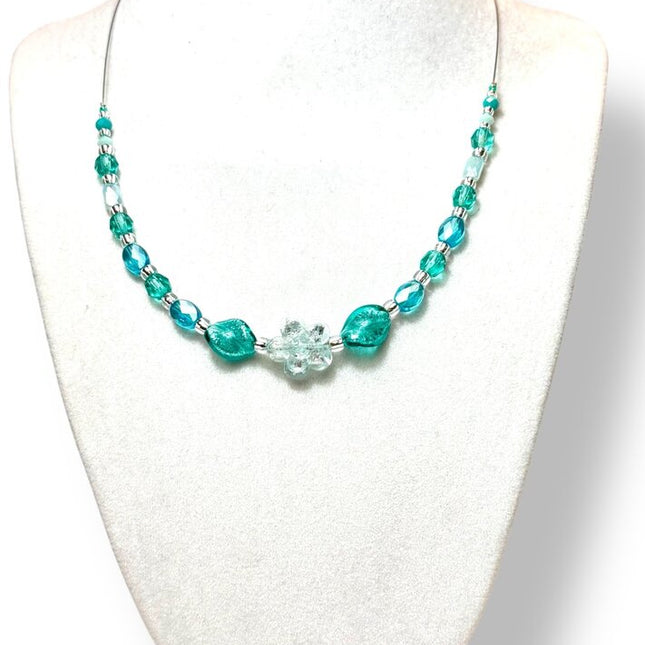 Venetian Glass Necklace - CtStg - Lt Aqua flower w aqua twists
