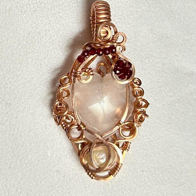 Rose Quartz heart copper wire wrapped earrings