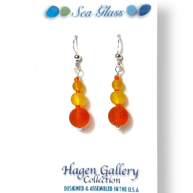 Tumbled Glass Earrings - triple round orange & yellow