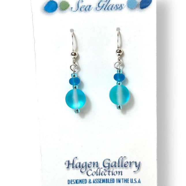 Tumbled Glass Earrings - Round Aqua w sm Capri