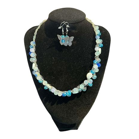 Crochet necklace and earring set blue hues