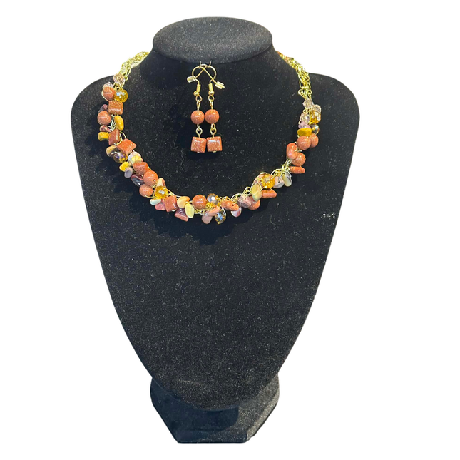 Crochet necklace and earring set Mookaite and goldstone
