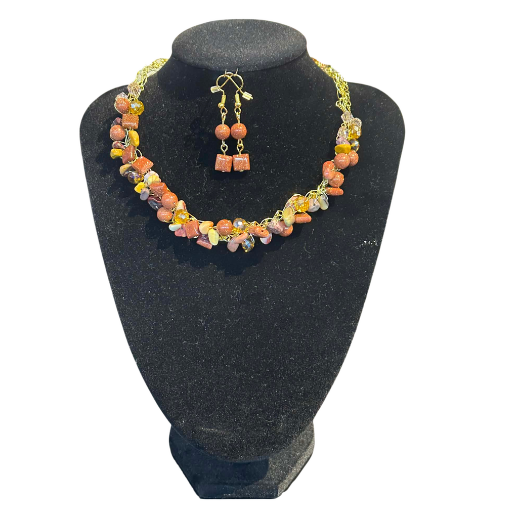 Crochet necklace and earring set Mookaite and goldstone