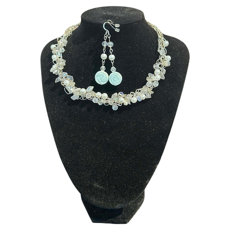 Crochet necklace and earring set Blue Opal, Blue lace Agate