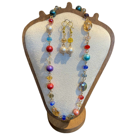 Glass bead and pearl choker necklace with matching earrings