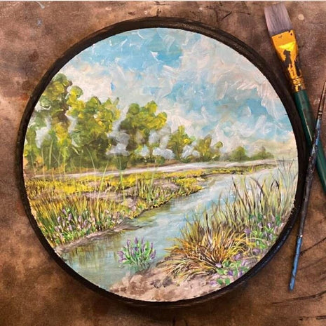 Marshland acrylic painting on wood round