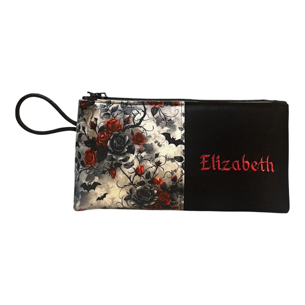 Custom Gothic Zip Pouch - Bats and Roses Print