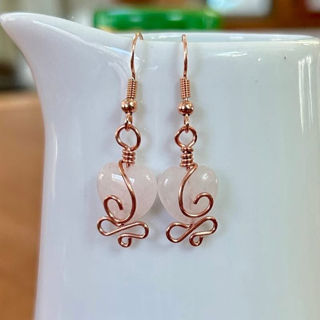 Rose Quartz heart copper wire wrapped earrings