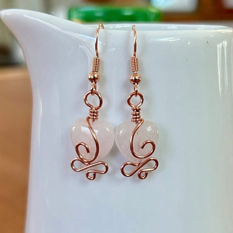 Rose Quartz heart copper wire wrapped earrings