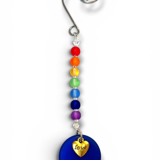 Tumbled Glass Pride Ornament - Blue Rd w Gold love