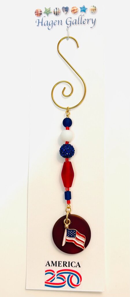 America 250 Ornament - Tumbled Glass Red w flag