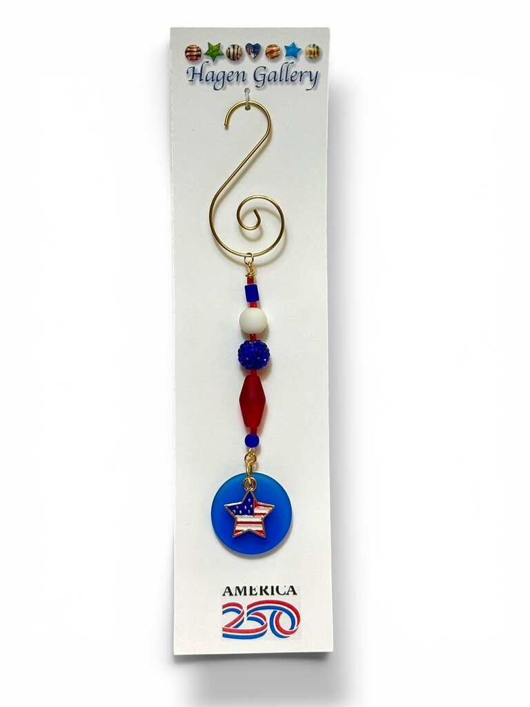 America 250 Ornament - Tumbled Glass Blue w star flag