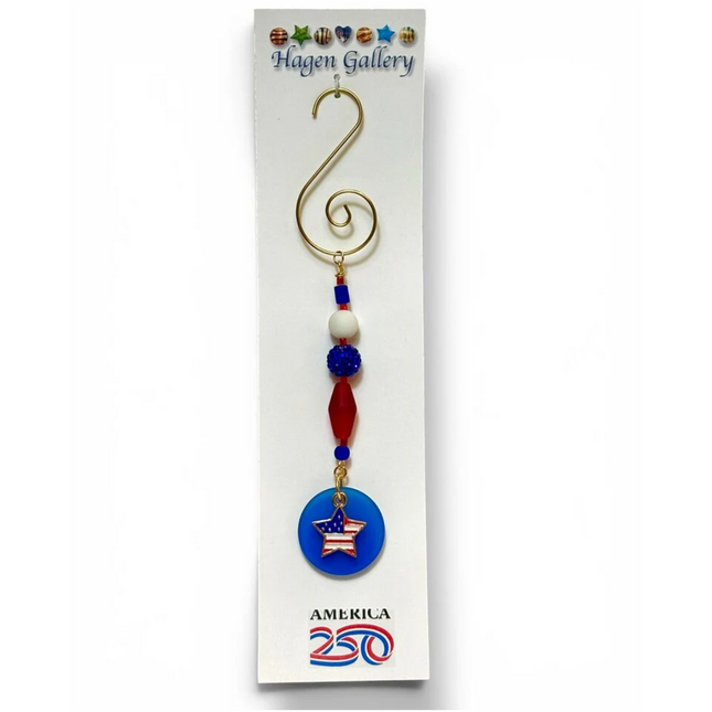 America 250 Ornament - Tumbled Glass Blue w star flag