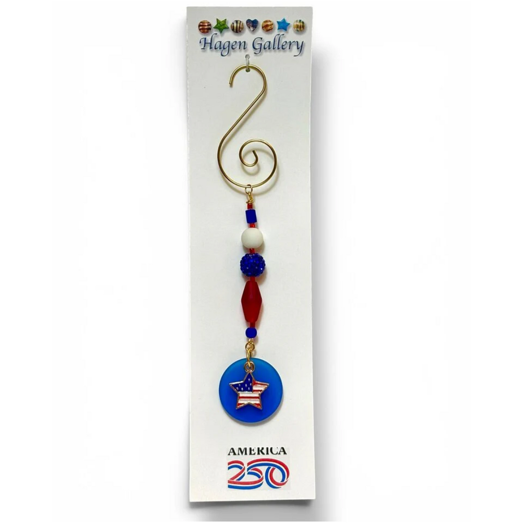 America 250 Ornament - Tumbled Glass Blue w star flag