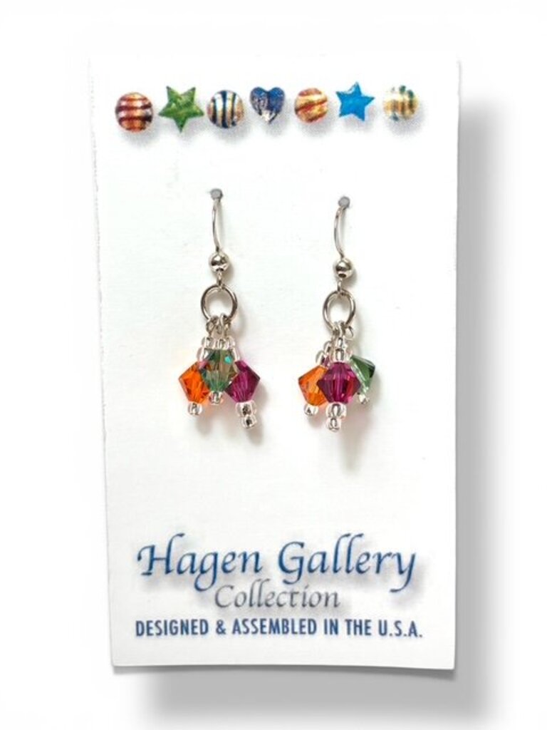 Swarovski Crystal Earrings - triple - green, yellow fuchsia
