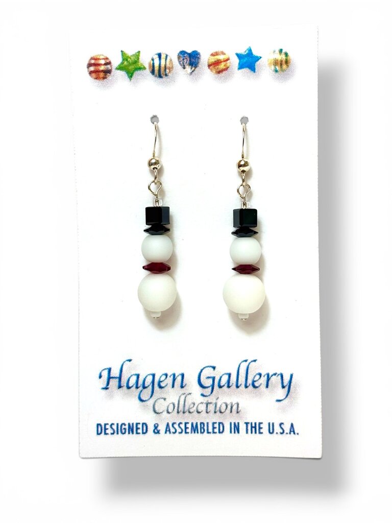 Tumbled Glass Earrings - Snowmen - white/red