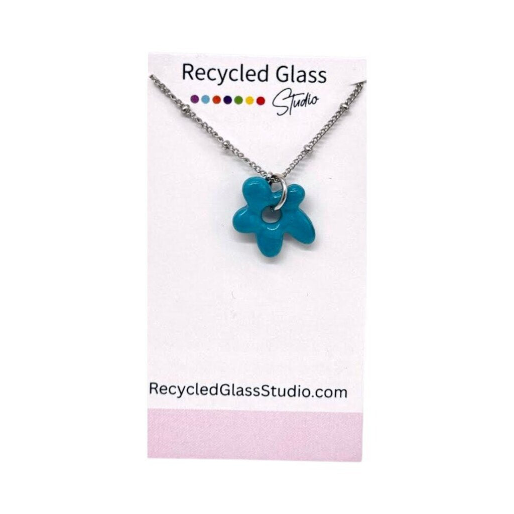 Blue Opaque Flower Fused Glass Necklace