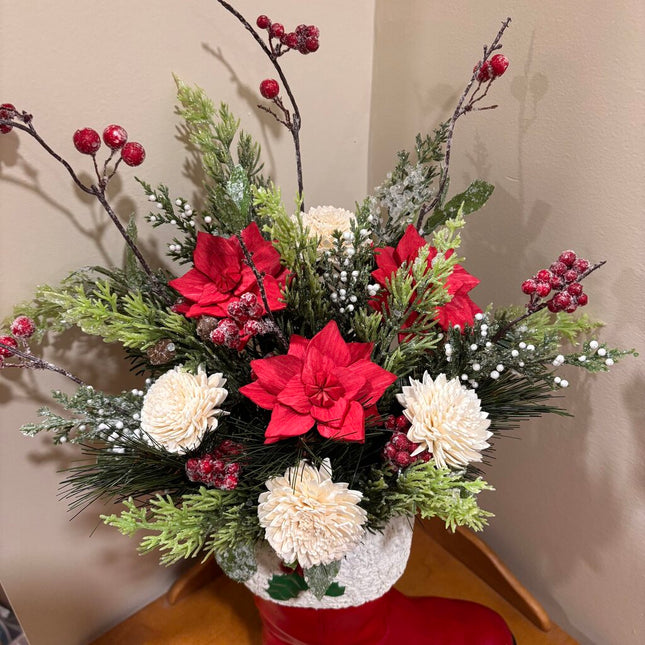 SANTA BOOT filled Faux Greenery and Sola Wood Flowers