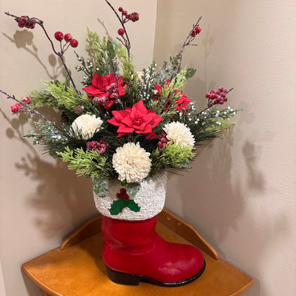 SANTA BOOT filled Faux Greenery and Sola Wood Flowers