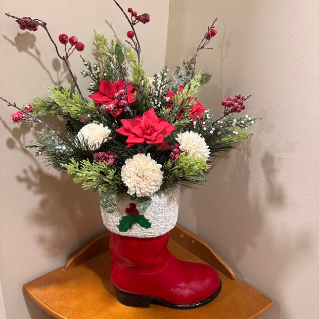 SANTA BOOT filled Faux Greenery and Sola Wood Flowers