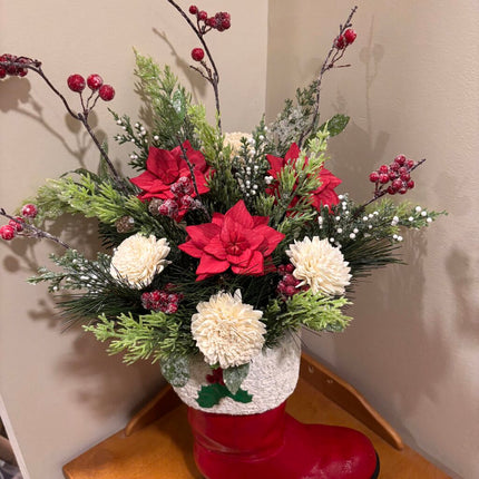 SANTA BOOT filled Faux Greenery and Sola Wood Flowers
