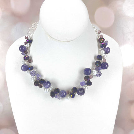 Crochet necklace and earring set Amethyst and crystal