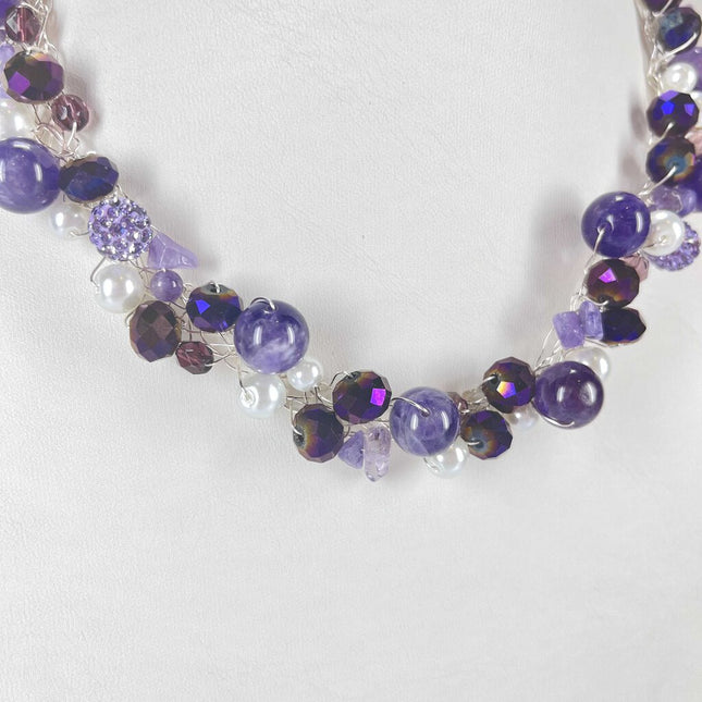 Crochet necklace and earring set Amethyst and crystal