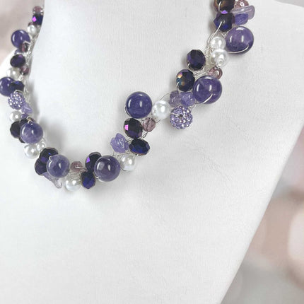 Crochet necklace and earring set Amethyst and crystal