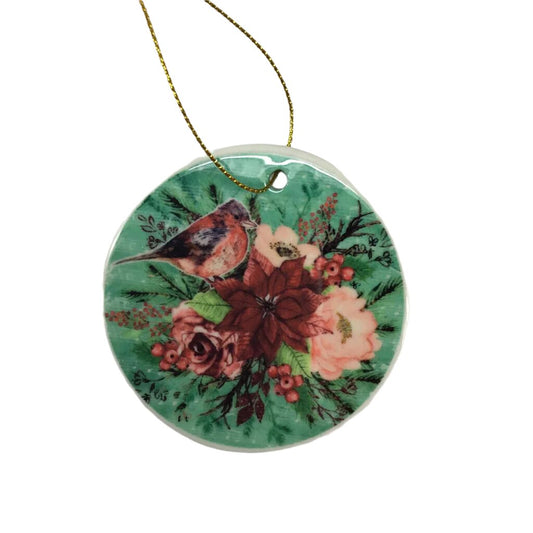 Ceramic Christmas Ornament - Songbird and Flowers