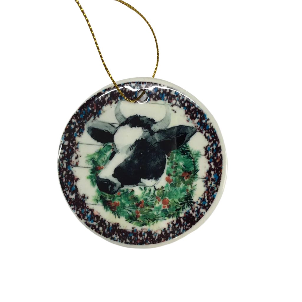 Ceramic Christmas Ornament - Cow Wearing Wreath