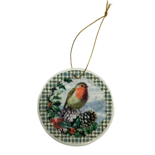 Ceramic Christmas Ornament - Robin Bird in Pine Tree