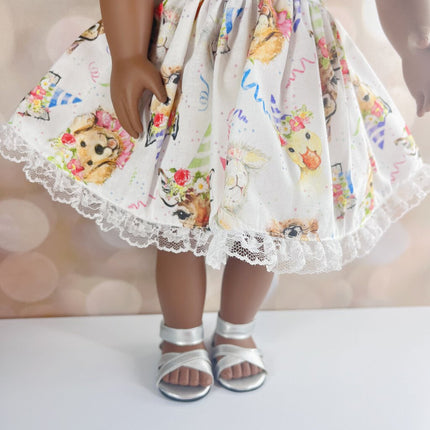 HAPPY BIRTHDAY DRESS SANDALS JEANETTES 18 INCH DOLL BEDDING AND CLOTHING