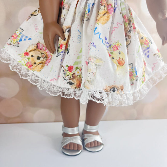 HAPPY BIRTHDAY DRESS SANDALS JEANETTES 18 INCH DOLL BEDDING AND CLOTHING