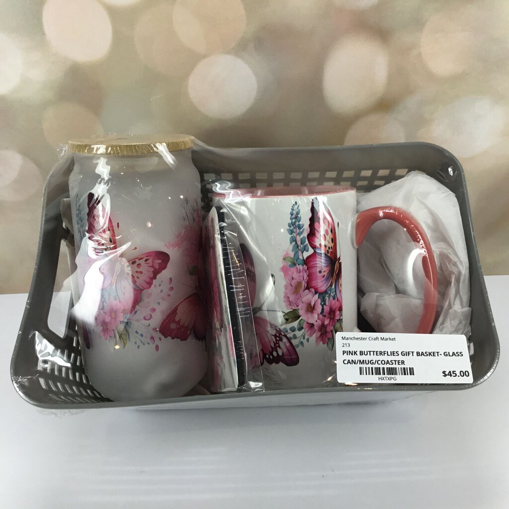 Gift basket- Pink butterflies glass tumbler, mug, coaster set